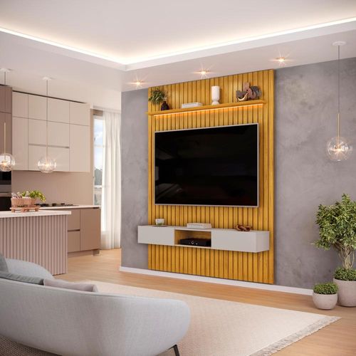 Painel com Bancada para TV até 65 Polegadas Ripado com LED DJ Móveis Trento 183 Cedro Bali