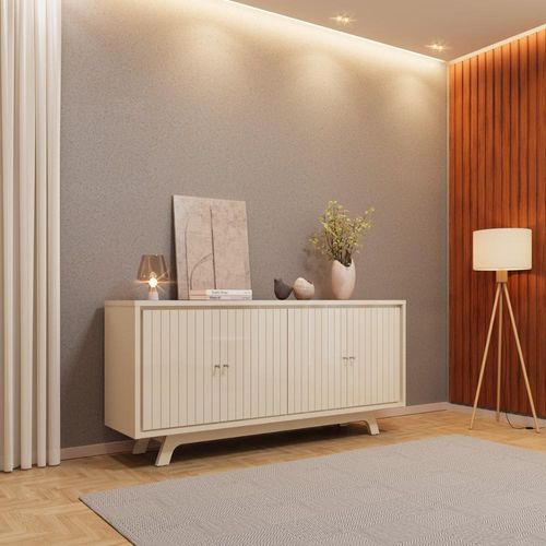 Buffet 4 Portas com Frisos Decorativos e Prateleiras DJ Móveis Soleil Off White