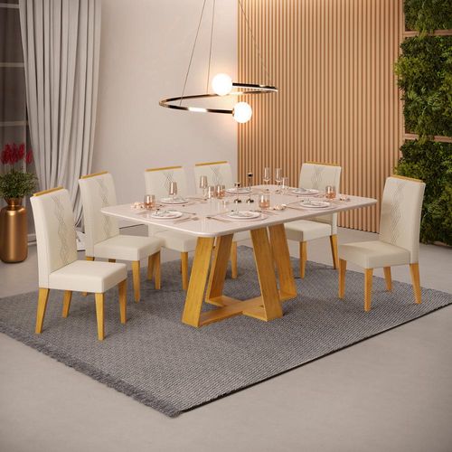 Conjunto Sala de Jantar 6 Cadeiras Tampo Curvo DJ Móveis Kiara Cedro Yasmin Linho Neve