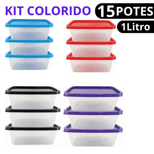 Kit 15 Potes COLORIDA 1000 ml c/ Tampa BPA Free Para Organizar REFEIÇÕES, GELADEIRA