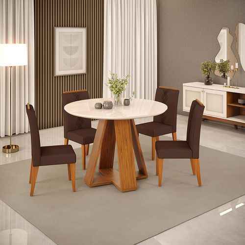 Conjunto de Sala de Jantar 4 Cadeiras Tampo Redondo Curvo DJ Móveis Kiara Cadeira Yasmin Freijo Moca