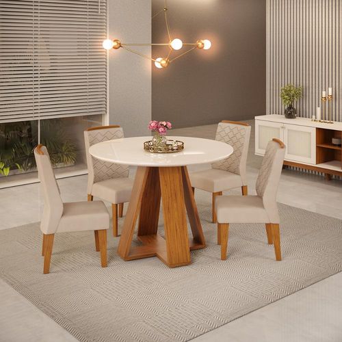 Conjunto de Sala de Jantar 4 Cadeiras Tampo Redondo Curvo DJ Móveis Kiara Cadeira Lidia Freijo Kraft