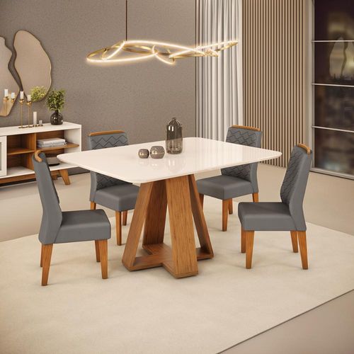 Conjunto de Sala de Jantar 4 Cadeiras Tampo Chanfrado Curvo 120x90 DJ Móveis Kiara Freijo Lidia Lunar