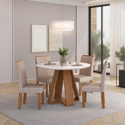 Conjunto Sala de Jantar 4 Cadeiras Tampo de Vidro DJ Moveis Kiara Freijó Ayla Creme