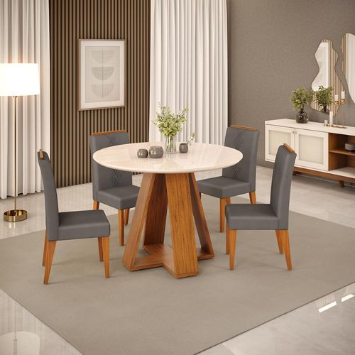 Conjunto de Sala de Jantar 4 Cadeiras Tampo Redondo Curvo DJ Móveis Kiara Cadeira Yasmin Freijo Lunar