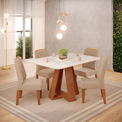 Conjunto Sala de Jantar 4 Cadeiras Tampo Sem Vidro DJ Móveis Kiara Freijó Quartzo Lidia Veludo Kraft