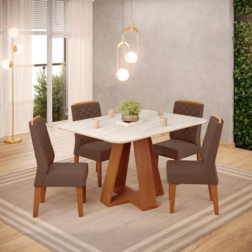 Conjunto Sala de Jantar 4 Cadeiras Tampo Sem Vidro DJ Móveis Kiara Freijó Quartzo Lidia Veludo Moca