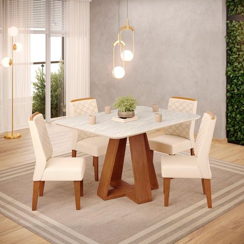 Conjunto Sala de Jantar 4 Cadeiras Tampo Sem Vidro DJ Móveis Kiara Freijó Quartzo Lidia Linho Neve