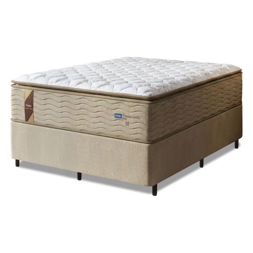 Cama Box Casal King Colchão Molas Guarda Costas Max Com Pillow 193x203x78cm Suede Bege/Branco
