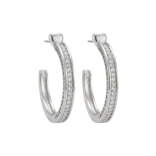 Brinco Argola Meia Cana com Coração e Micro Zircônia Cristal Banhado a Prata