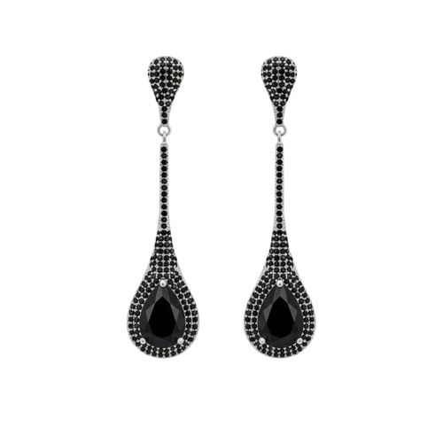 Brinco Gota Alongada Zircônia Negra Banhado a Prata