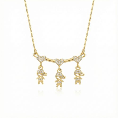 Colar Corações com 3 Meninos Micro Zircônia Cristal Banhado a Ouro