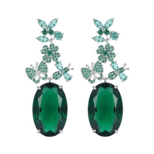 Brinco Luxury Flores com Borboleta e Zircônia Esmeralda Oval Banhado a Prata