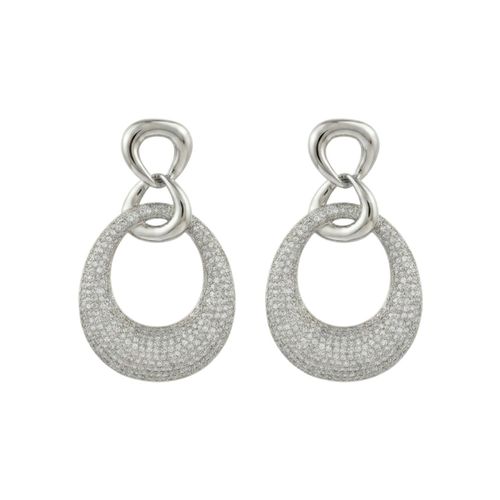 Brinco Elos Entrelaçados e Oval Pavé Zircônia Cristal Banhado a Prata