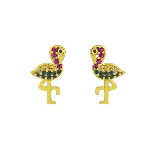 Brinco Flamingo Zircônia Colorida Banhado em Ouro 18K