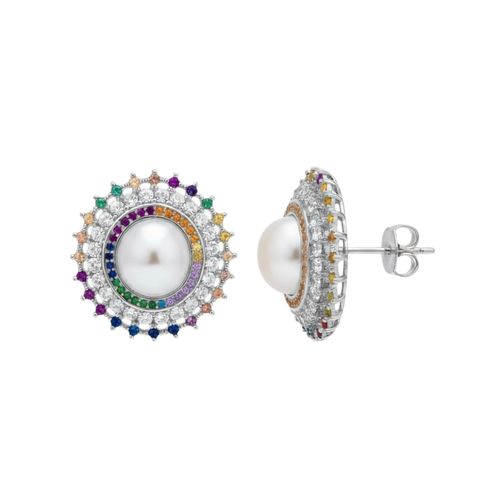 Brinco Pizza Zircônia Colorida e Pérola Banhado a Prata