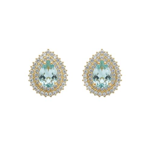 Brinco Gota Zircônia Acqua Marinha com 2 Fileiras Cristal Banhado a Ouro