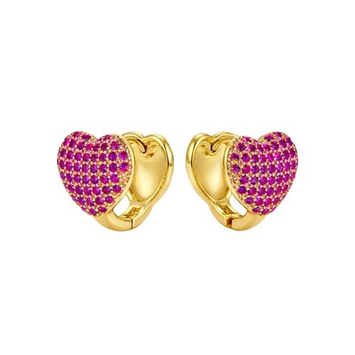 Brinco Argola Coração Micro Zircônia Rosa Pink Banhado a Ouro