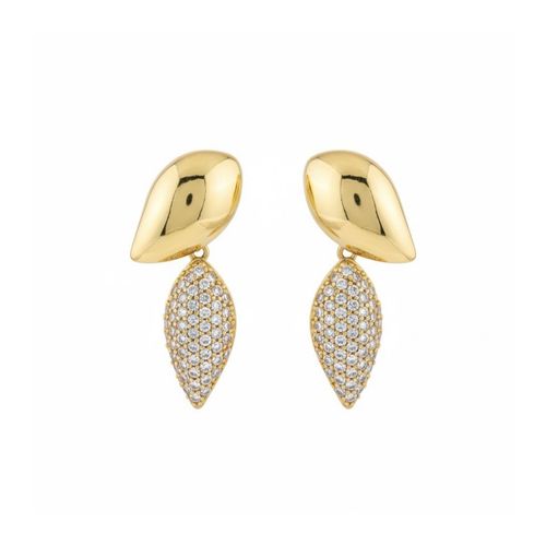 Brinco 2 Folhas Lisa e Zircônia Cristal Banhado a Ouro