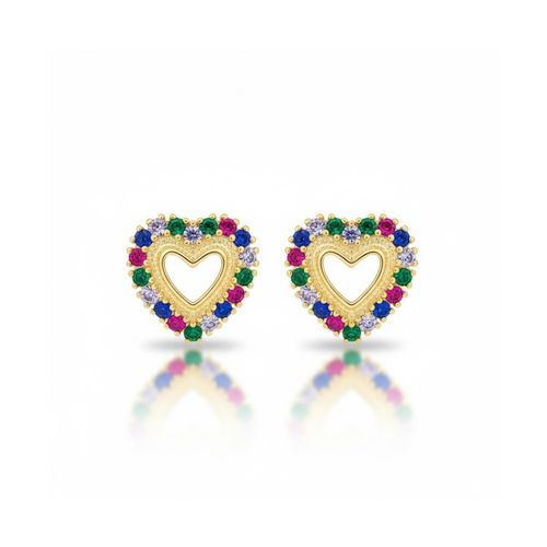 Brinco Coração Vazado com Zircônia Colorida Banhado a Ouro