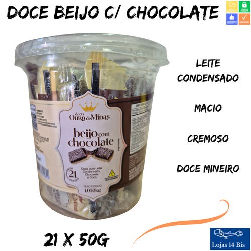 Doce Beijo Coco com Chocolate Cremoso Ouro De Minas Pote 21 Unidades de 50g
