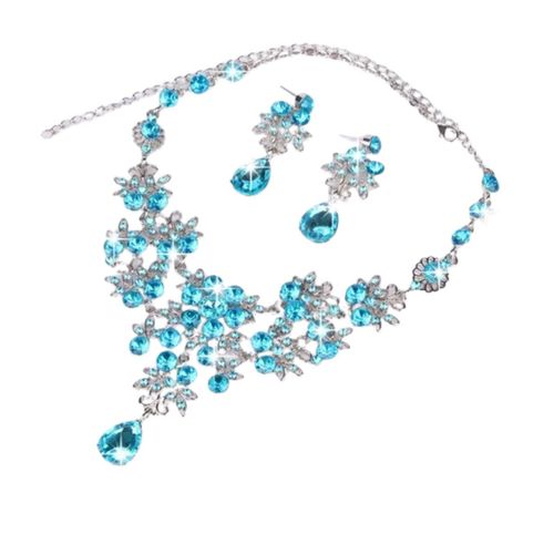 Conjunto Colar e Brincos Strass Brilho Azul Luxo