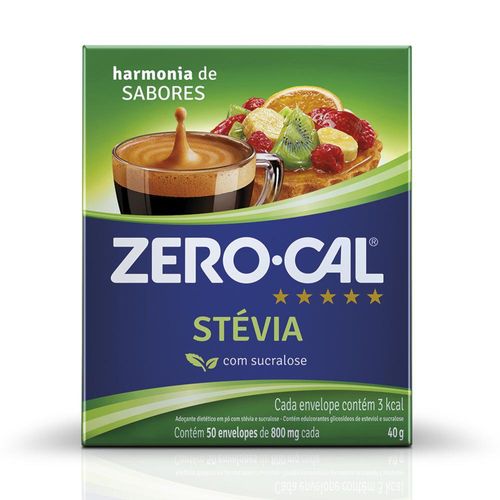 Adoçante em Pó Zero-Cal Stevia 50 Sachês de 800mg cada Adoçante Zero Cal Pó Stevia 50 Unidades