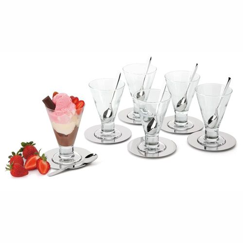 Conjunto de Taças para Sorvete Forma Gelato em Vidro e Inox 13,7 cm - 18 Peças