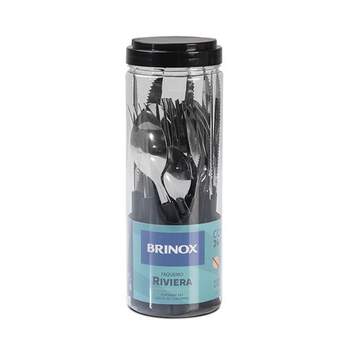 Faqueiro Brinox Riviera 24 Peças Aço Inox Cabo Ergonômico Pote Multifuncional Preto