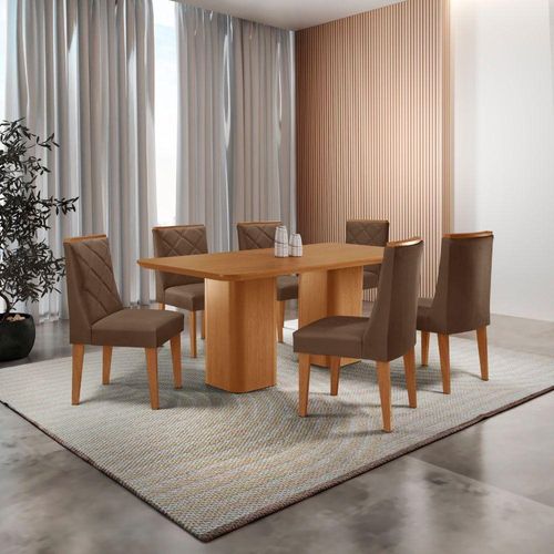 Mesa De Jantar Eloise Tampo Laminado Com 6 Cadeiras Isadora Veludo Marrom Naturale