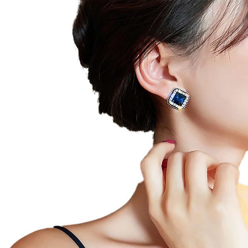 Brinco Feminino Delicado Losango Strass Pedra Azul Zircônia