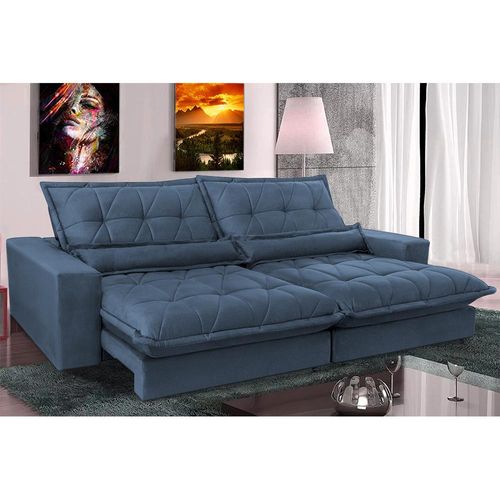 Sofa Retrátil e Reclinável 3,12m com Molas Ensacadas Cama inBox Soft Tecido Suede Azul