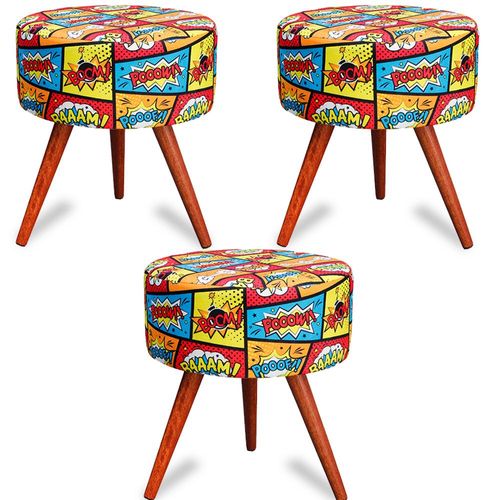 Kit 3 Puff Cama Inbox Boom Redondo com Pés em Madeira Maciça Tecido Suede