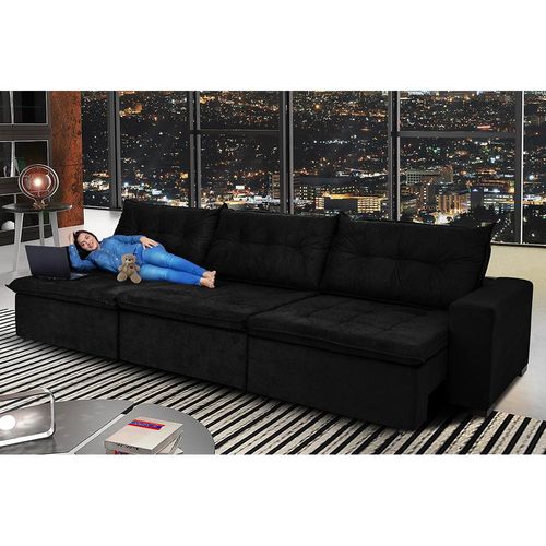 Sofá Austrália 3,52 Mts Retrátil, Reclinável Com Molas e Pillow no Assento Tecido Suede Preto