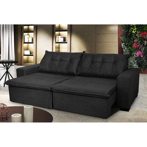 Sofá Austrália 3,12 Mts Retrátil, Reclinável Com Molas e Pillow no Assento Tecido Suede Preto