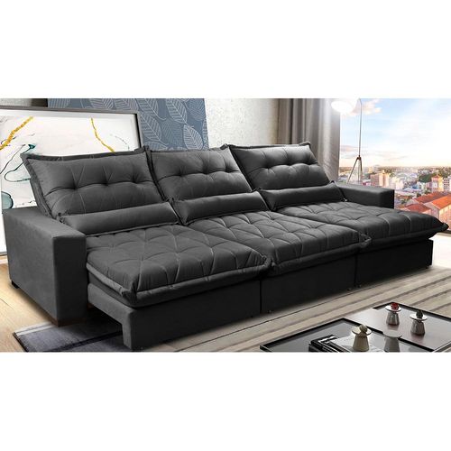 Sofá Retrátil e Reclinável 4,12m com Molas Ensacadas Cama Inbox Soft Tecido Suede Velusoft Preto