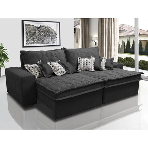 Sofá Retrátil e Reclinável 2,92m com Molas Ensacadas Cama Inbox Supreme Tecido Suede Velusoft Preto