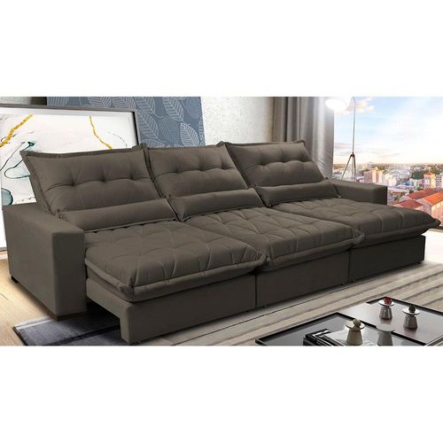 Sofá Retrátil e Reclinável 4,12m com Molas Ensacadas Cama Inbox Soft Tecido Suede Velusoft Café