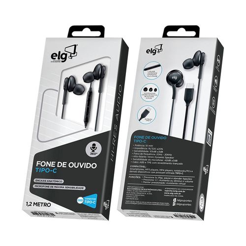 Fone de Ouvido Elg Intra Auricular Tipo-C 1,2 Metro EPTCBK Preto