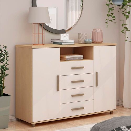 Cômoda Genialflex Berlim com 2 Portas, 4 Gavetas, 2 Prateleiras, 1 Nicho e 136cm de largura - Freijó/White Laca