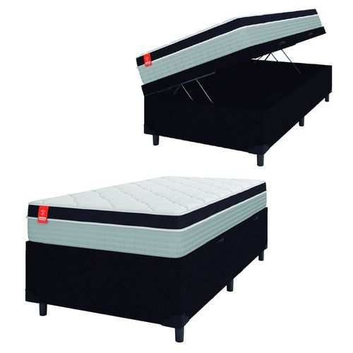 Cama Box Baú Solteiro Colchão Molas Ensacadas Real 88x188x68cm Preto / Cinza - Suporta até 130kg por