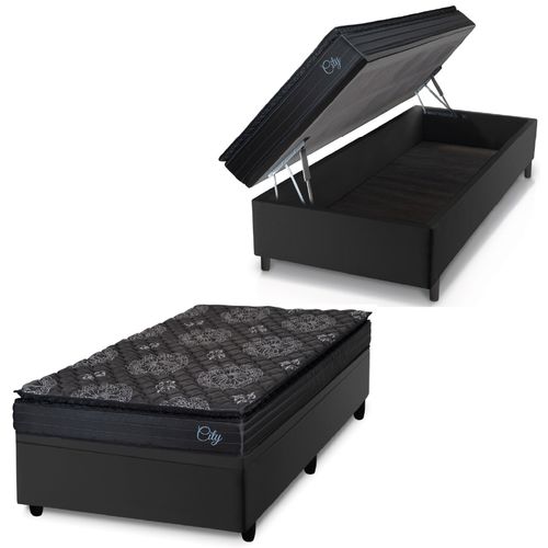 Cama Box Baú Solteiro Colchão Com Molas Ensacadas City Pillow Top 88x188x64cm Preto Hellen