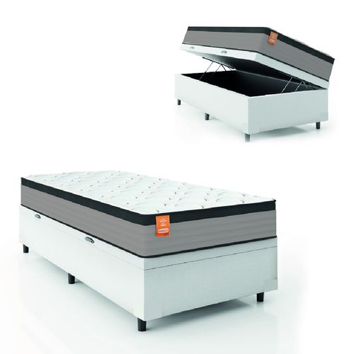 Cama Box Baú Colchão Solteiro Molas Ensacadas Real 88x188x68cm Linho Branco / Preto Inducol -