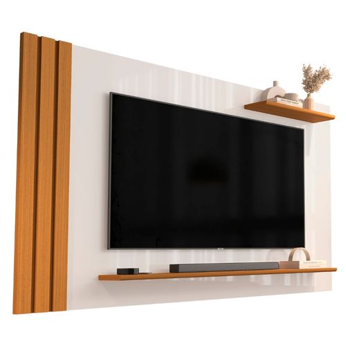 Painel Para TV Até 55 Polegadas Detalhe Ripado Com Prateleiras Aden Off White/Madeirado