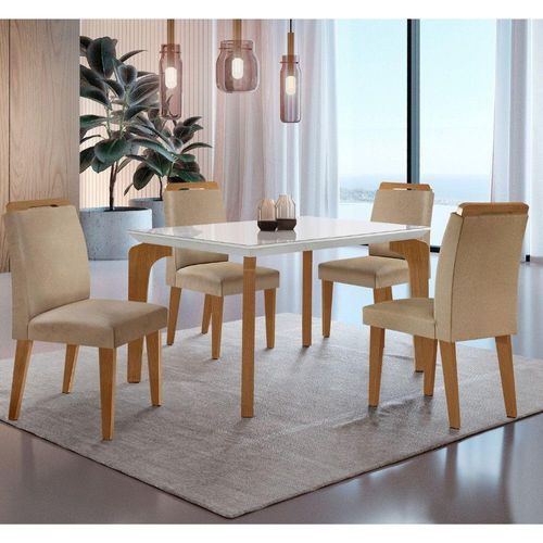 Conjunto Mesa Liz 120cm Com Vidro 4 Cadeiras Athenas Moderna Turim Off White Imbuia