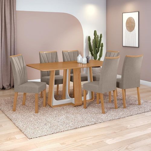 Conjunto Sala De Jantar Mesa Easy Pop 170x90cm Tampo Mdf Com 6 Cadeiras Confort Suede Animale Bege Amêndoa/off White