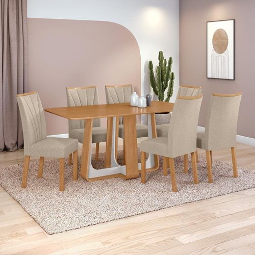 Conjunto Sala De Jantar Mesa Easy Pop 170x90cm Tampo Mdf Com 6 Cadeiras Confort Linho Rinzai Bege Amêndoa/off White