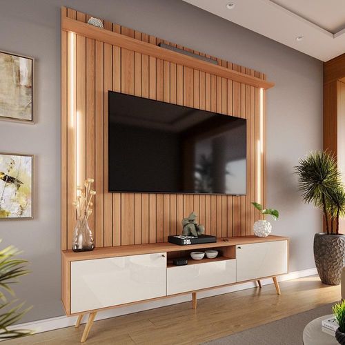 Rack Com Painel Sevilla Led Efeito Ripado 3d Para Tv Até 70 Polegadas 183cm Jequitibá-off White