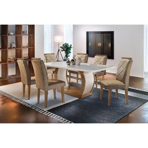 Kit Mesa Tampo Vidro Canto Curvo 180cm + 6 Cadeiras Imbuia Chocolate