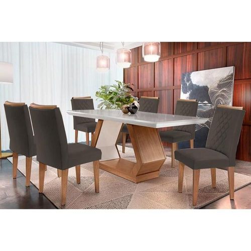 Sala de Jantar Completa Alvorada Tampo Madeirado c/ Vidro Canto Reto 180x90cm e 6 Cadeiras Jade Imbuia/Off White - Suede Grafite - Rufato